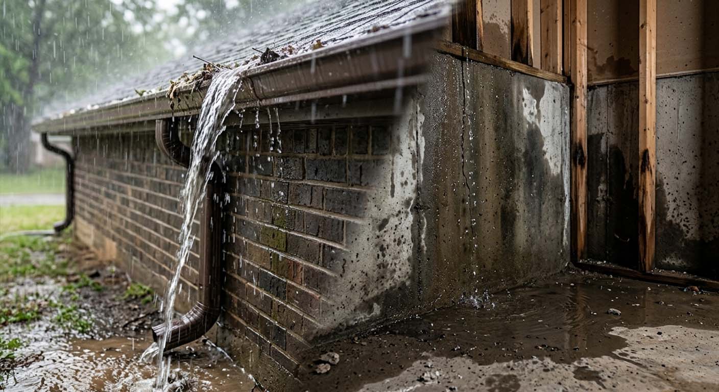 Improperly draining gutters causing water near a home's foundation