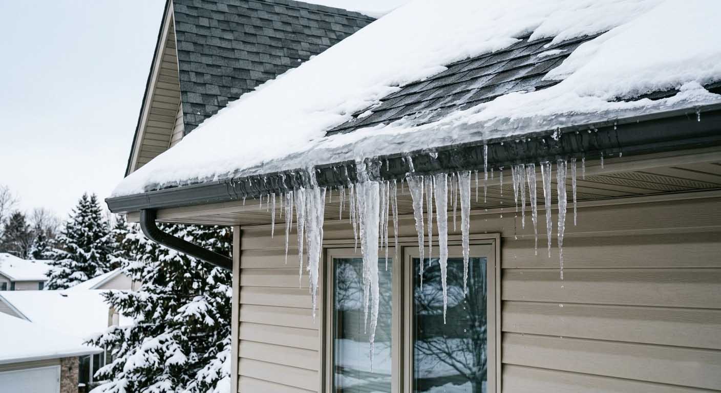 Large icicles hanging from gutters during an Alberta winter