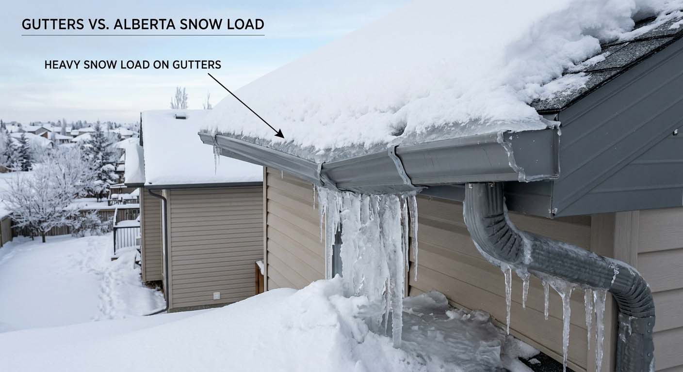 Snow and ice buildup on residential gutters in Edmonton Alberta
